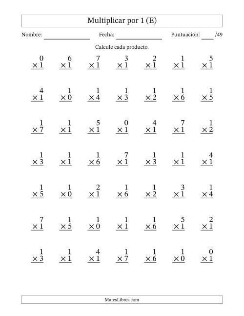 La hoja de ejercicios de Multiplicar (Factores de 0 a 7) por 1 (49 Preguntas) (E)