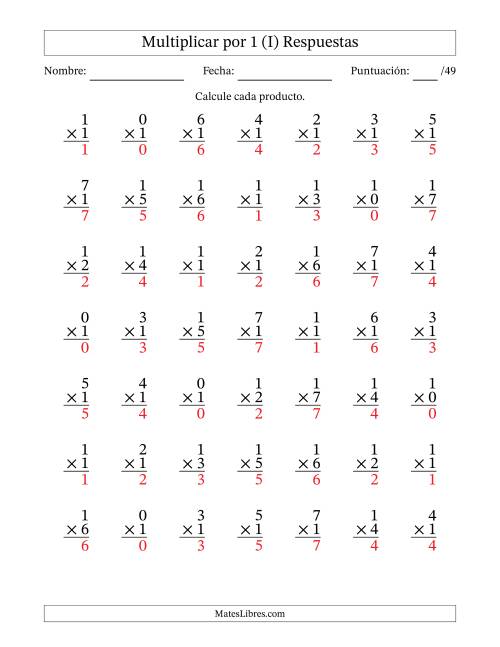 La hoja de ejercicios de Multiplicar (Factores de 0 a 7) por 1 (49 Preguntas) (I) Página 2