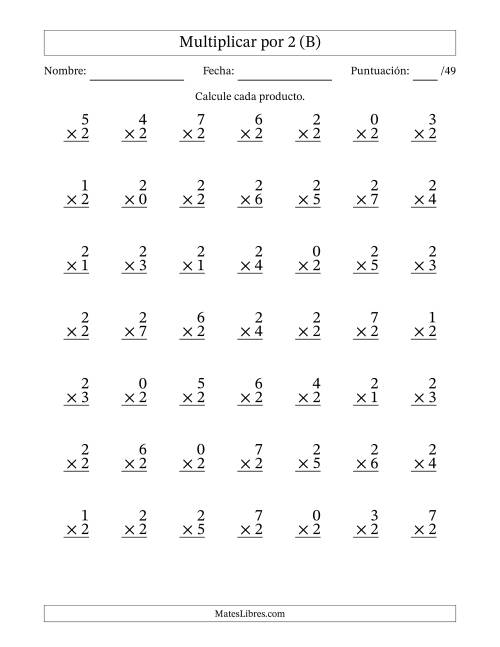 La hoja de ejercicios de Multiplicar (Factores de 0 a 7) por 2 (49 Preguntas) (B)