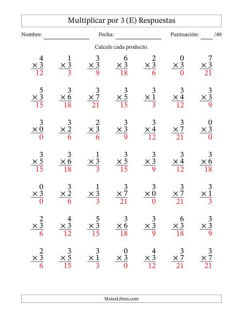 La hoja de ejercicios de Multiplicar (Factores de 0 a 7) por 3 (49 Preguntas) (E) Página 2