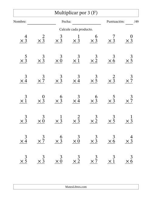 La hoja de ejercicios de Multiplicar (Factores de 0 a 7) por 3 (49 Preguntas) (F)