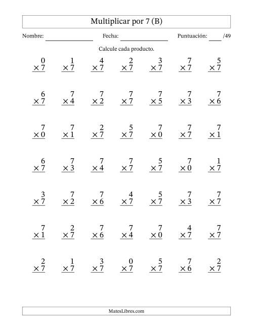 La hoja de ejercicios de Multiplicar (Factores de 0 a 7) por 7 (49 Preguntas) (B)