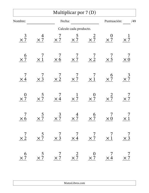 La hoja de ejercicios de Multiplicar (Factores de 0 a 7) por 7 (49 Preguntas) (D)