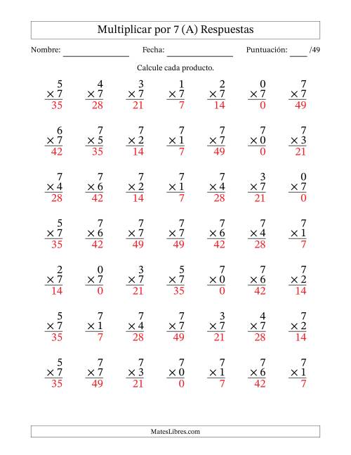 La hoja de ejercicios de Multiplicar (Factores de 0 a 7) por 7 (49 Preguntas) (Todas) Página 2