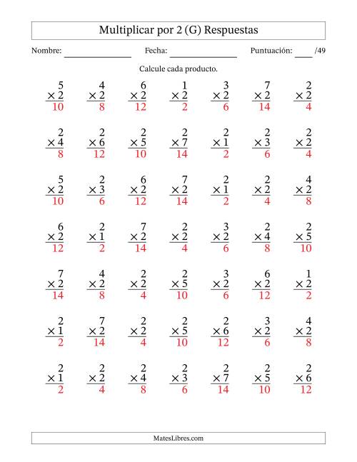La hoja de ejercicios de Multiplicar (Factores de 1 a 7) por 2 (49 Preguntas) (G) Página 2