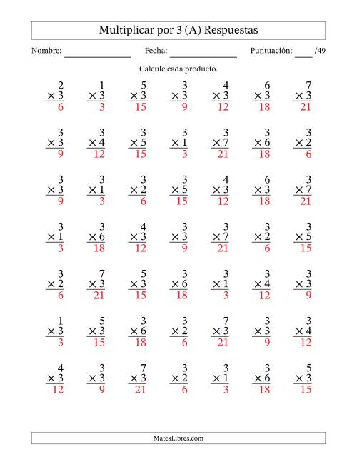 La hoja de ejercicios de Multiplicar (Factores de 1 a 7) por 3 (49 Preguntas) (A) Página 2
