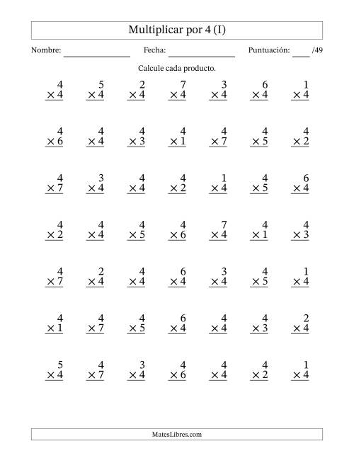 La hoja de ejercicios de Multiplicar (Factores de 1 a 7) por 4 (49 Preguntas) (I)