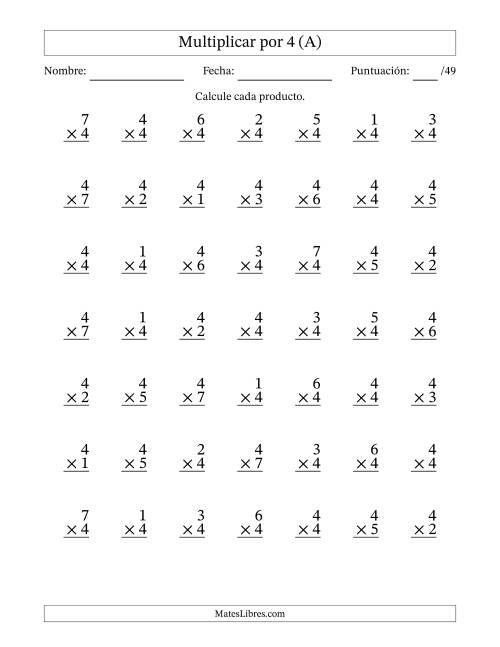 La hoja de ejercicios de Multiplicar (Factores de 1 a 7) por 4 (49 Preguntas) (Todas)