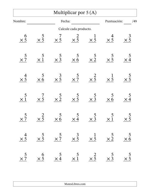 La hoja de ejercicios de Multiplicar (Factores de 1 a 7) por 5 (49 Preguntas) (A)