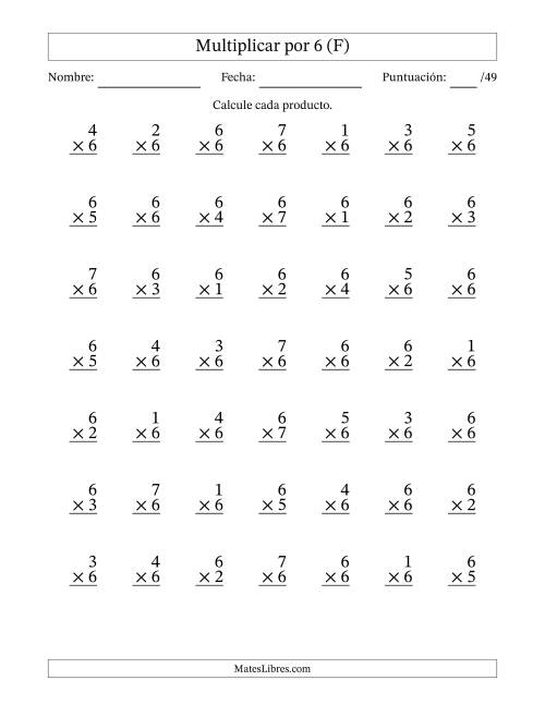 La hoja de ejercicios de Multiplicar (Factores de 1 a 7) por 6 (49 Preguntas) (F)