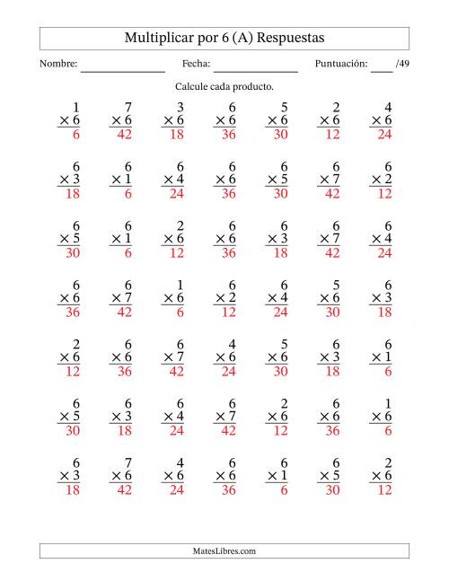 La hoja de ejercicios de Multiplicar (Factores de 1 a 7) por 6 (49 Preguntas) (Todas) Página 2