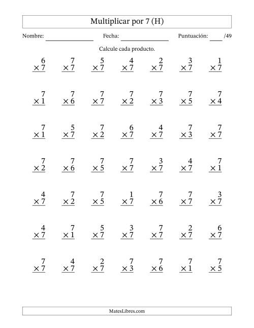 La hoja de ejercicios de Multiplicar (Factores de 1 a 7) por 7 (49 Preguntas) (H)