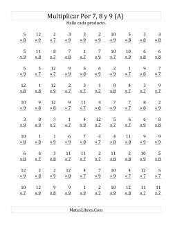 Multiplicar de 1 a 12 por 7, 8 y 9