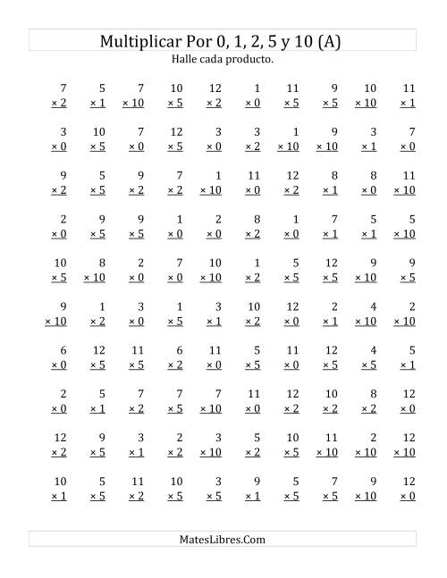 La hoja de ejercicios de Multiplicar de 1 a 12 por 1, 2, 5 y 10 (A)