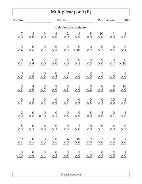 La hoja de ejercicios de Multiplicar (Factores de 1 a 10) por 0 (100 Preguntas) (B)