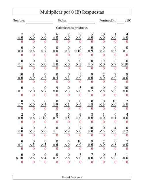 La hoja de ejercicios de Multiplicar (Factores de 1 a 10) por 0 (100 Preguntas) (B) Página 2