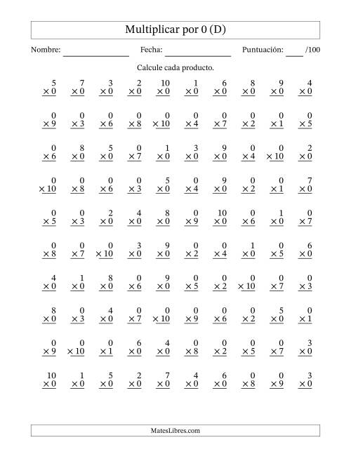 La hoja de ejercicios de Multiplicar (Factores de 1 a 10) por 0 (100 Preguntas) (D)