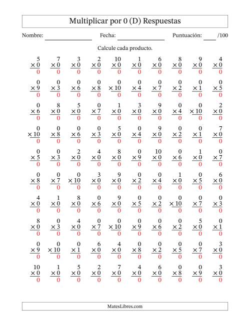 La hoja de ejercicios de Multiplicar (Factores de 1 a 10) por 0 (100 Preguntas) (D) Página 2