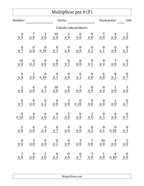 La hoja de ejercicios de Multiplicar (Factores de 1 a 10) por 0 (100 Preguntas) (F)