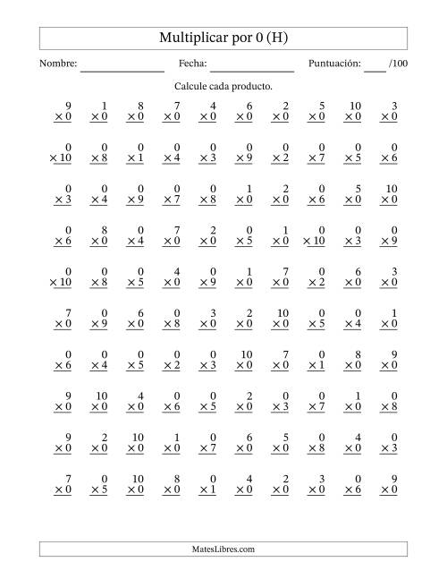 La hoja de ejercicios de Multiplicar (Factores de 1 a 10) por 0 (100 Preguntas) (H)