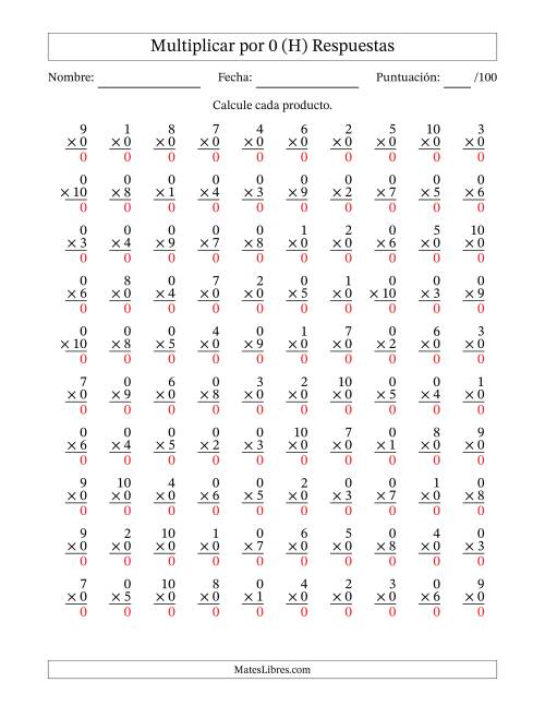La hoja de ejercicios de Multiplicar (Factores de 1 a 10) por 0 (100 Preguntas) (H) Página 2