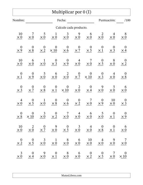 La hoja de ejercicios de Multiplicar (Factores de 1 a 10) por 0 (100 Preguntas) (I)