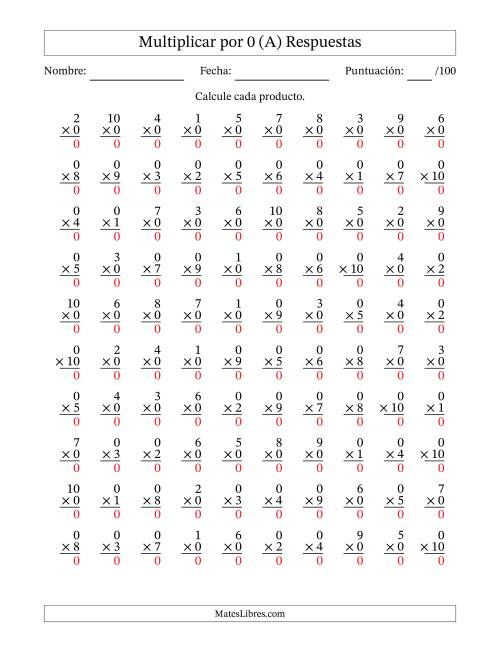 La hoja de ejercicios de Multiplicar (Factores de 1 a 10) por 0 (100 Preguntas) (Todas) Página 2