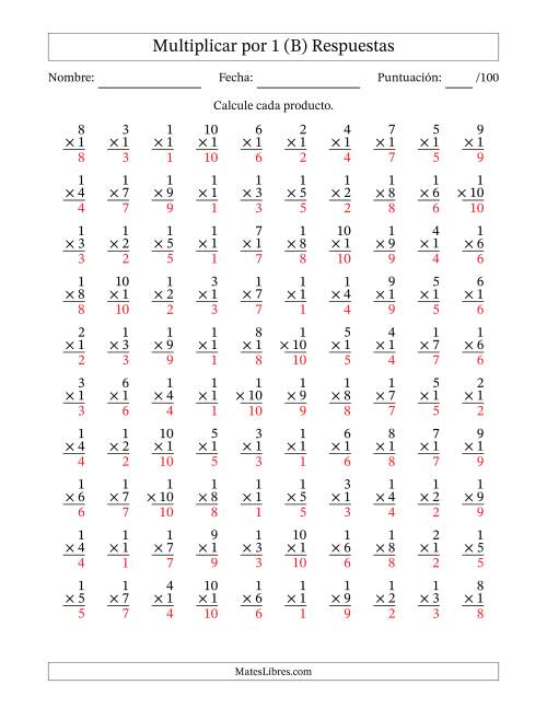 La hoja de ejercicios de Multiplicar (Factores de 1 a 10) por 1 (100 Preguntas) (B) Página 2