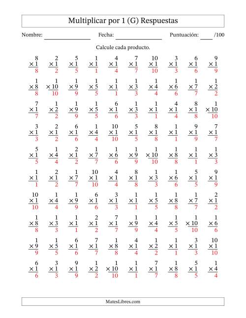 La hoja de ejercicios de Multiplicar (Factores de 1 a 10) por 1 (100 Preguntas) (G) Página 2