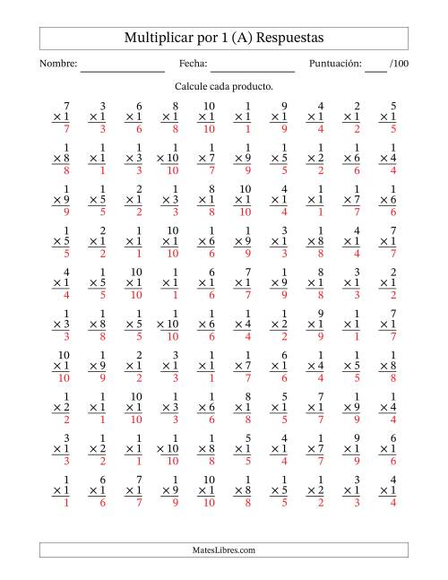 La hoja de ejercicios de Multiplicar (Factores de 1 a 10) por 1 (100 Preguntas) (Todas) Página 2