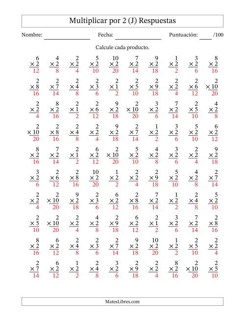 La hoja de ejercicios de Multiplicar (Factores de 1 a 10) por 2 (100 Preguntas) (J) Página 2