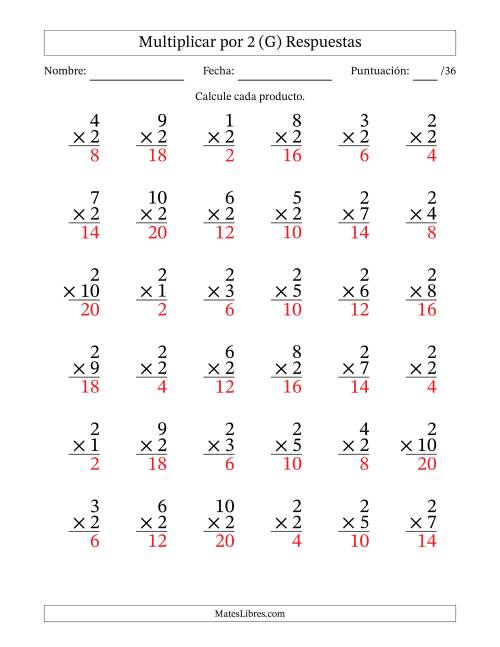 La hoja de ejercicios de Multiplicar (Factores de 1 a 10) por 2 (36 Preguntas) (G) Página 2