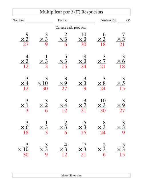 La hoja de ejercicios de Multiplicar (Factores de 1 a 10) por 3 (36 Preguntas) (F) Página 2