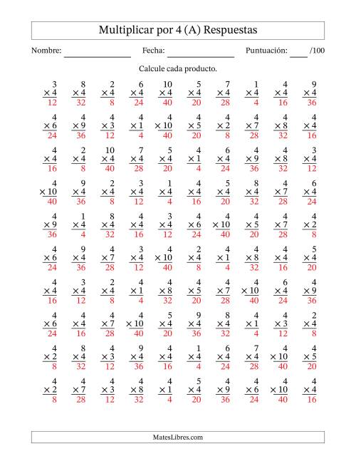 La hoja de ejercicios de Multiplicar (Factores de 1 a 10) por 4 (100 Preguntas) (A) Página 2
