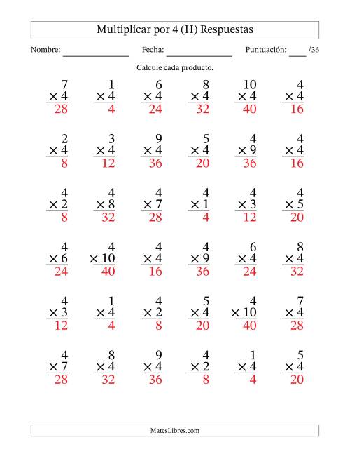 La hoja de ejercicios de Multiplicar (Factores de 1 a 10) por 4 (36 Preguntas) (H) Página 2