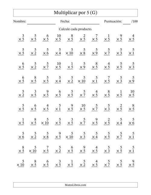 La hoja de ejercicios de Multiplicar (Factores de 1 a 10) por 5 (100 Preguntas) (G)