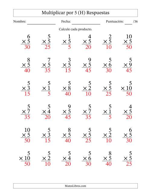 La hoja de ejercicios de Multiplicar (Factores de 1 a 10) por 5 (36 Preguntas) (H) Página 2