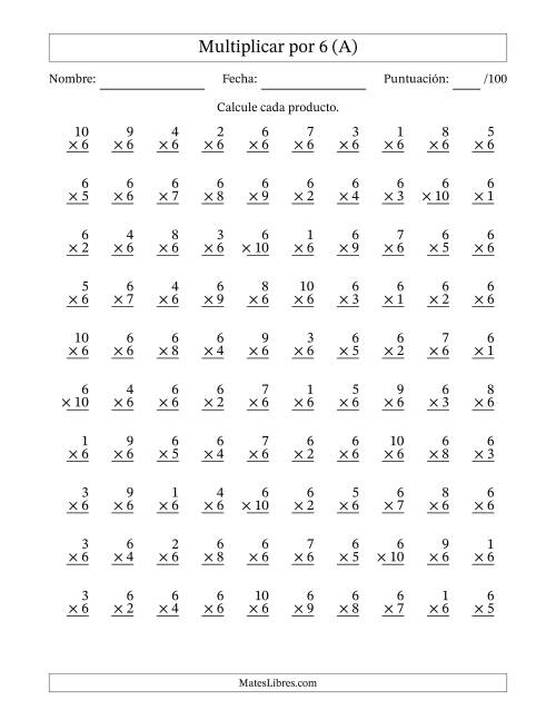 La hoja de ejercicios de Multiplicar (Factores de 1 a 10) por 6 (100 Preguntas) (A)