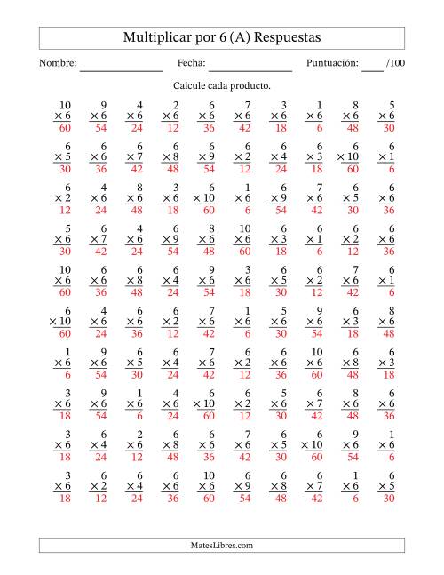 La hoja de ejercicios de Multiplicar (Factores de 1 a 10) por 6 (100 Preguntas) (A) Página 2
