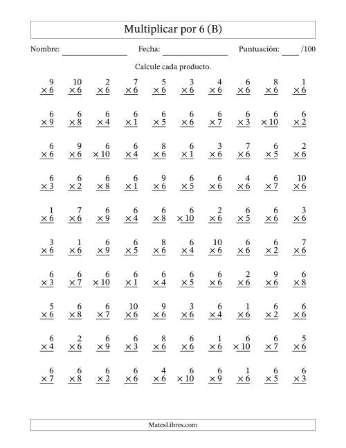 La hoja de ejercicios de Multiplicar (Factores de 1 a 10) por 6 (100 Preguntas) (B)