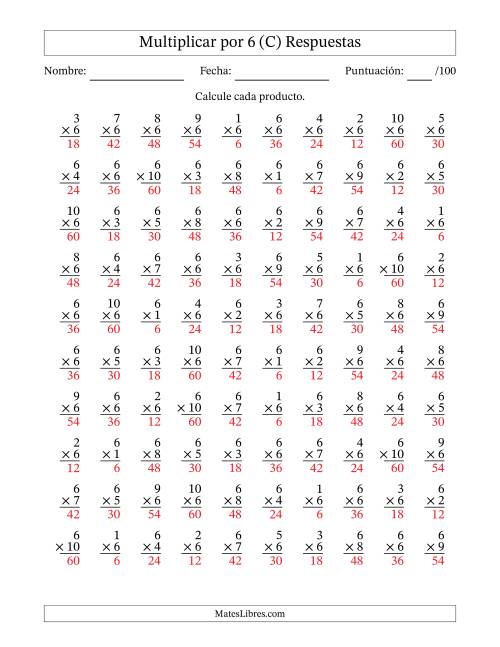 La hoja de ejercicios de Multiplicar (Factores de 1 a 10) por 6 (100 Preguntas) (C) Página 2