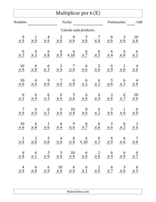 La hoja de ejercicios de Multiplicar (Factores de 1 a 10) por 6 (100 Preguntas) (E)
