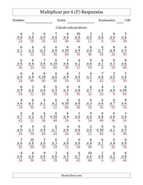 La hoja de ejercicios de Multiplicar (Factores de 1 a 10) por 6 (100 Preguntas) (F) Página 2