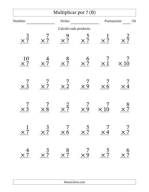 La hoja de ejercicios de Multiplicar (Factores de 1 a 10) por 7 (36 Preguntas) (B)