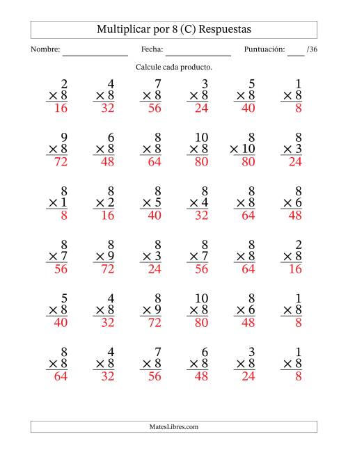 La hoja de ejercicios de Multiplicar (Factores de 1 a 10) por 8 (36 Preguntas) (C) Página 2
