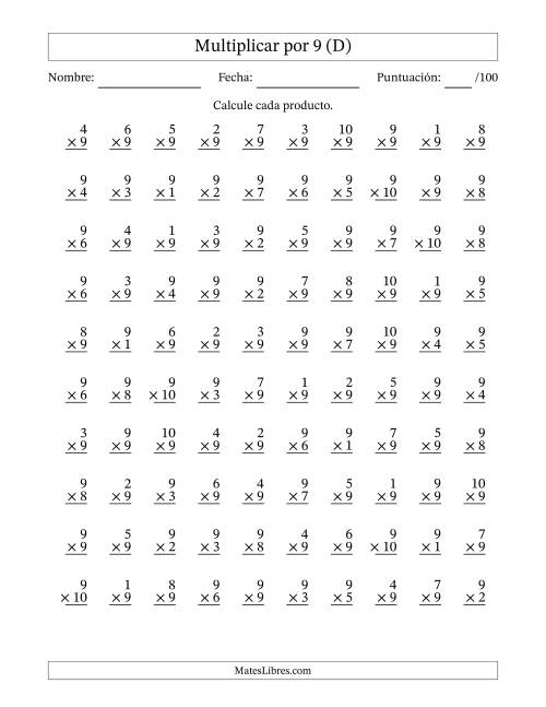 La hoja de ejercicios de Multiplicar (Factores de 1 a 10) por 9 (100 Preguntas) (D)