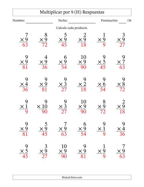 La hoja de ejercicios de Multiplicar (Factores de 1 a 10) por 9 (36 Preguntas) (H) Página 2