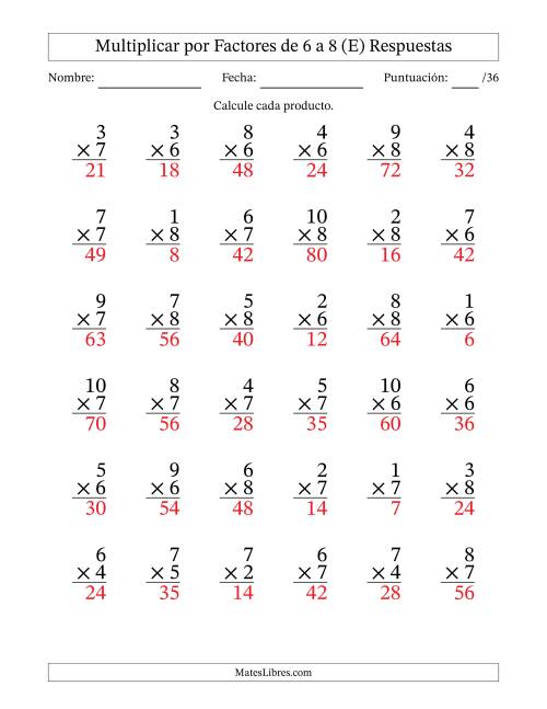 La hoja de ejercicios de Multiplicar (Factores de 1 a 10) por Factores de 6 a 8 (36 Preguntas) (E) Página 2