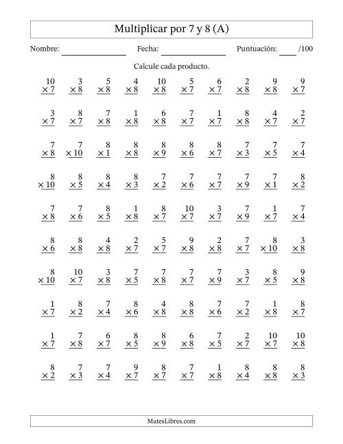La hoja de ejercicios de Multiplicar (Factores de 1 a 10) por 7 y 8 (100 Preguntas) (A)