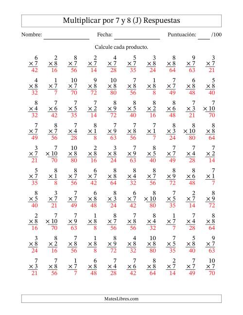 La hoja de ejercicios de Multiplicar (Factores de 1 a 10) por 7 y 8 (100 Preguntas) (J) Página 2